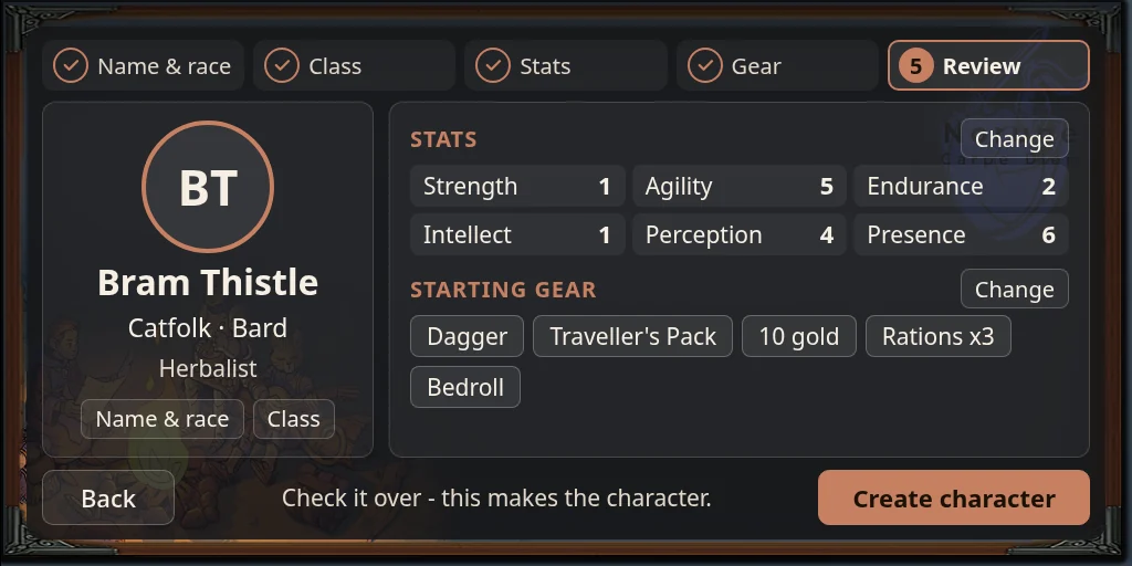 Character creation, last step: the new character's stats and starting gear, with buttons to change any step