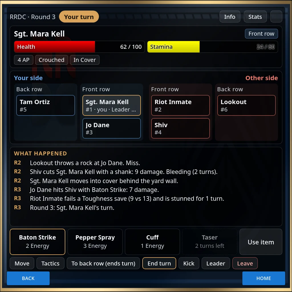 The full-size fight page: both sides in their front and back rows, a log of the last rounds, and the ability buttons