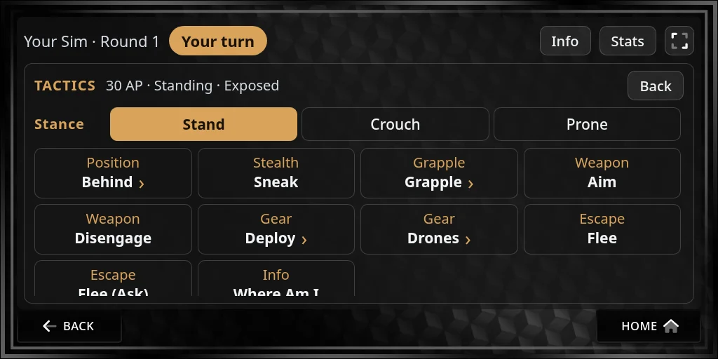 The Tactics panel: stance buttons Stand, Crouch and Prone, then Position Behind, Stealth Sneak, Grapple, Weapon Aim, Weapon Disengage, Gear Deploy, Gear Drones, Escape Flee and Info Where Am I