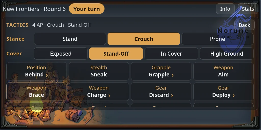 The Tactics panel with the stance and cover rows and the action tiles
