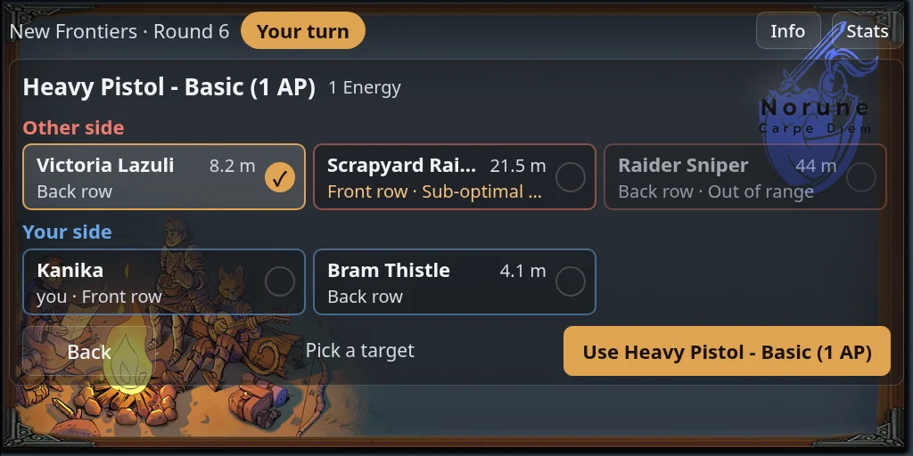 The target picker with distances, rows and range bands beside each name