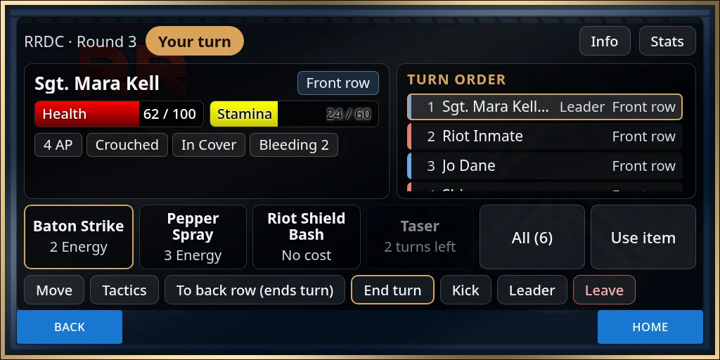 The fight page at half size on your turn, with the ability buttons along the bottom
