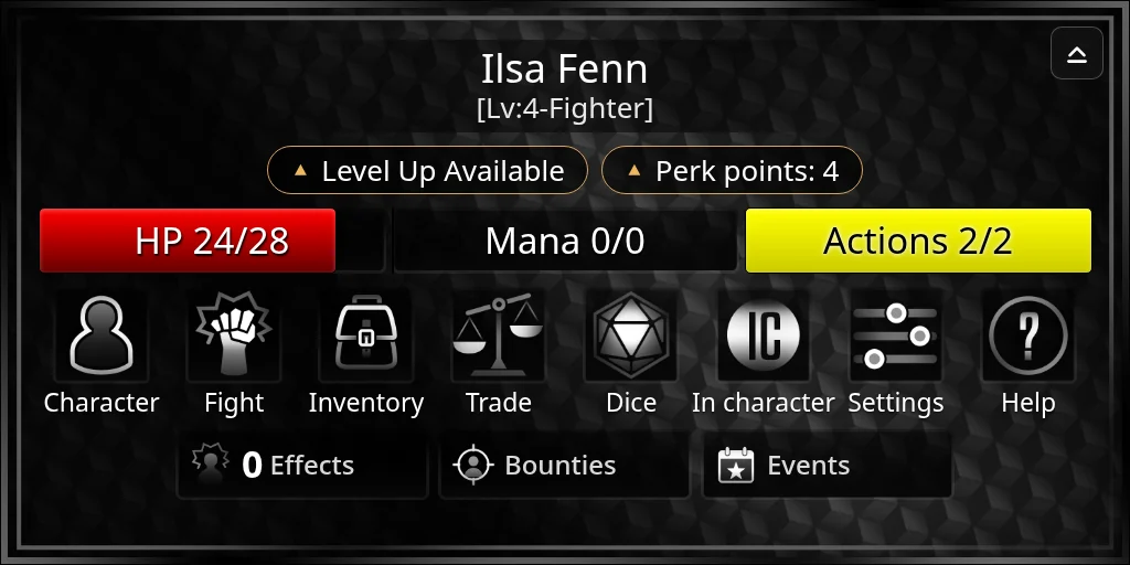 Home with Lv:4-Fighter under the name, and the notices Level Up Available and Perk points: 4