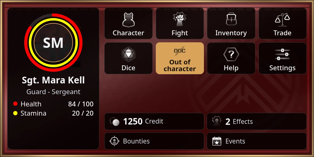 The Home screen in the Portrait layout with the roleplay mode button showing Out of character
