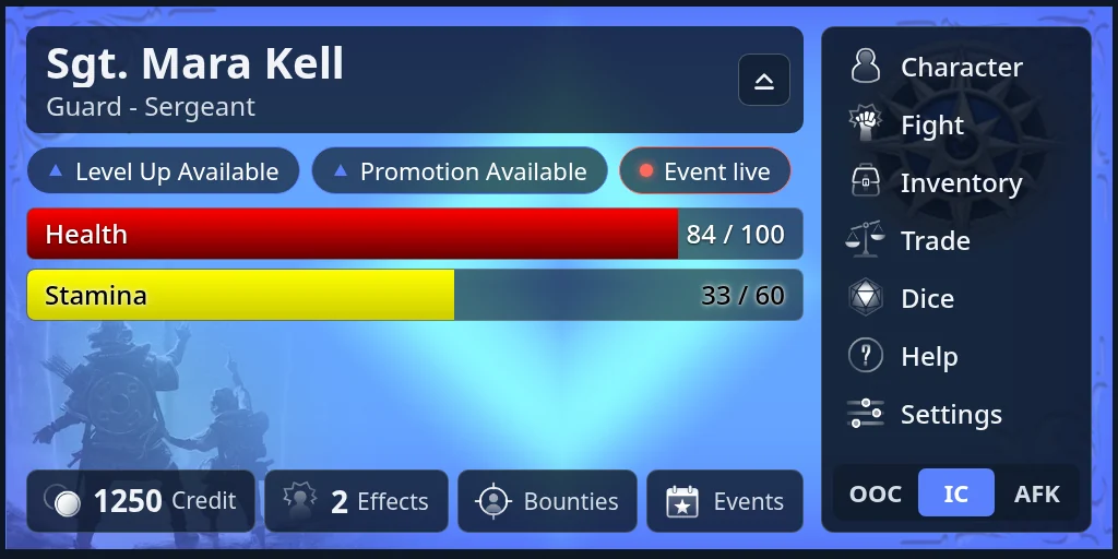 Side menu layout: buttons down the side with their names, and wide bars