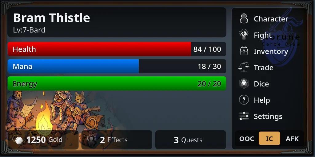 The HUD's Home screen with health, mana and energy bars and a menu down the side, in a fantasy theme