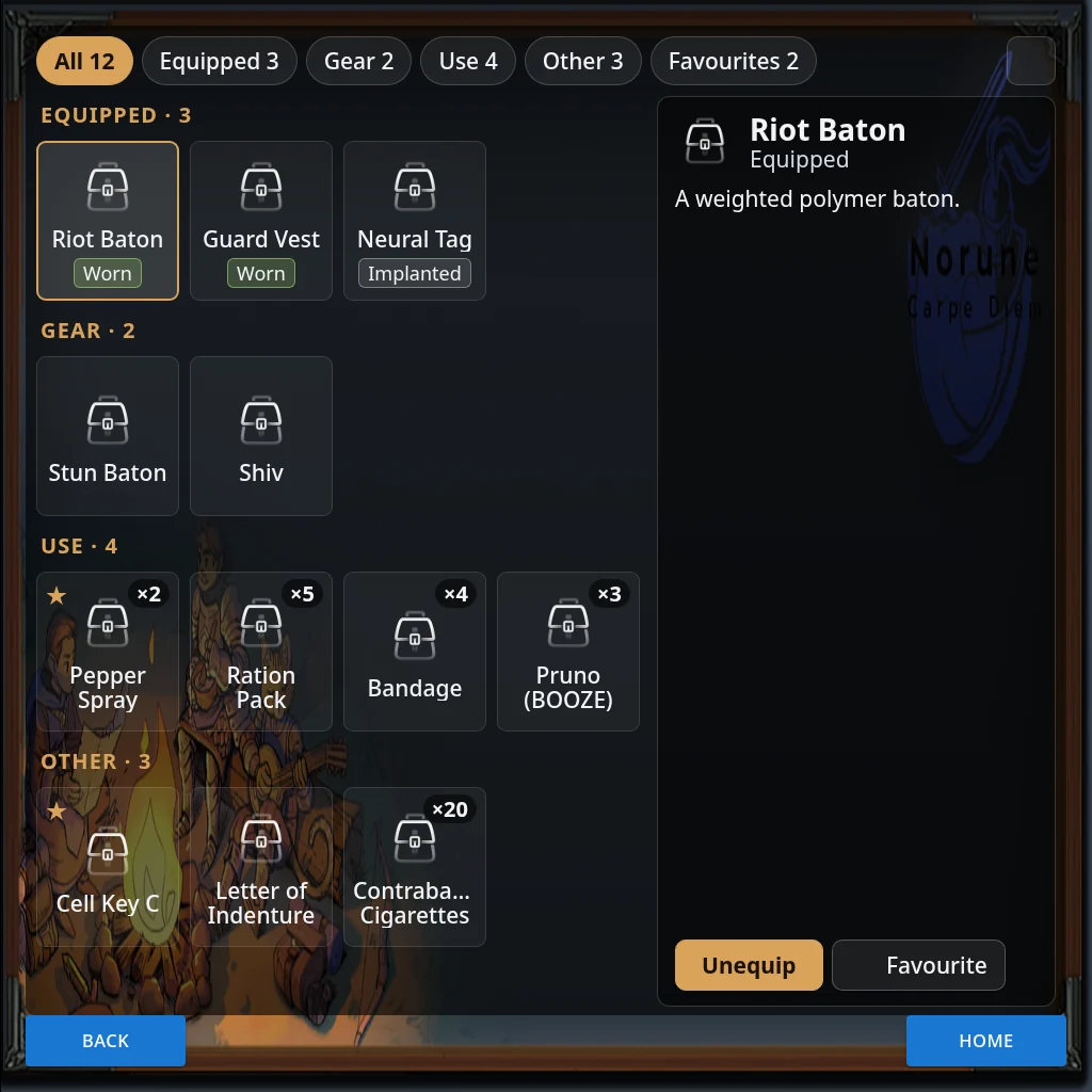 The Inventory page at full size, with items grouped under Equipped, Gear, Use and Other, and the picked item’s details on the right