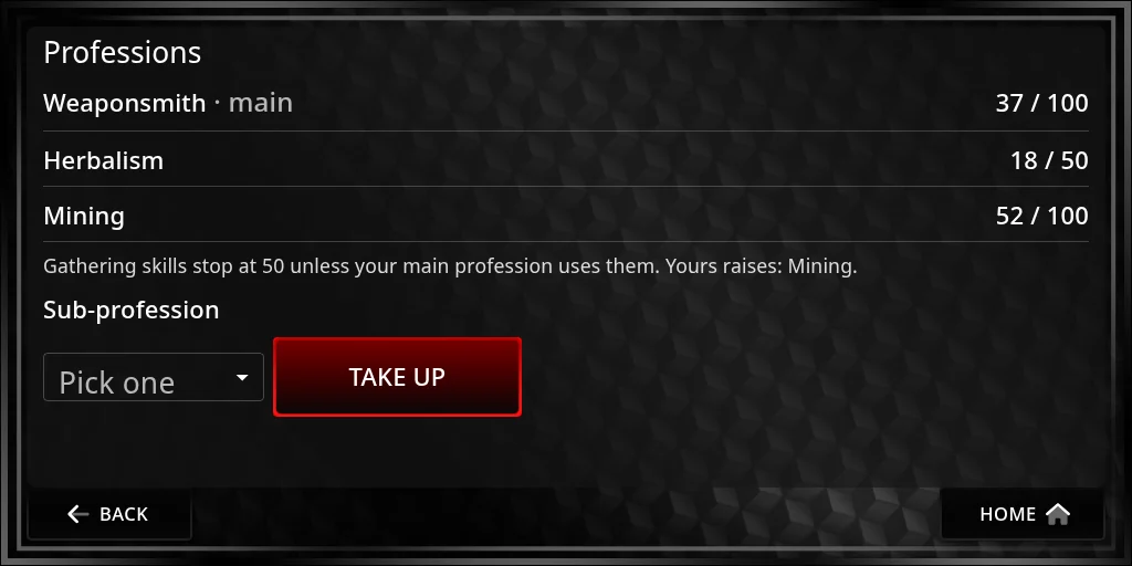 The Professions page: Weaponsmith marked main at 37 / 100, Herbalism at 18 / 50, Mining at 52 / 100, a note that gathering skills stop at 50 unless the main profession uses them, and a Sub-profession list with Take up