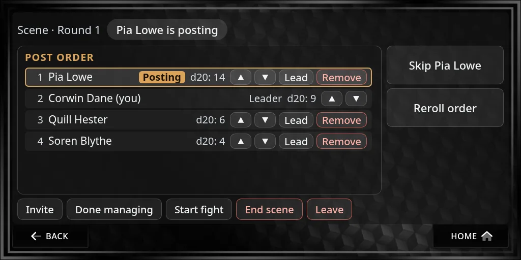 Manage on: up and down arrows, Lead and Remove next to each person, and Reroll order