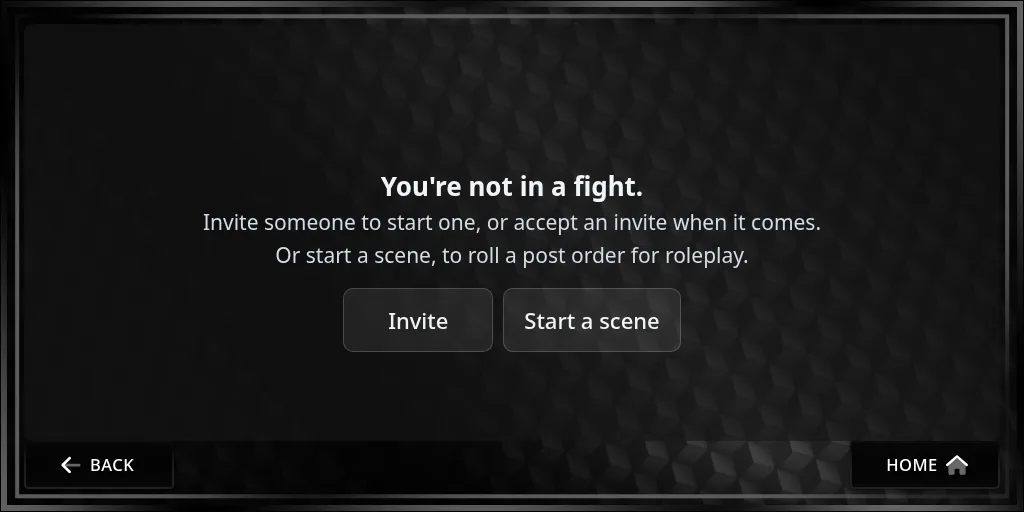 The Fight page when you’re in no fight or scene: You’re not in a fight, with Invite and Start a scene