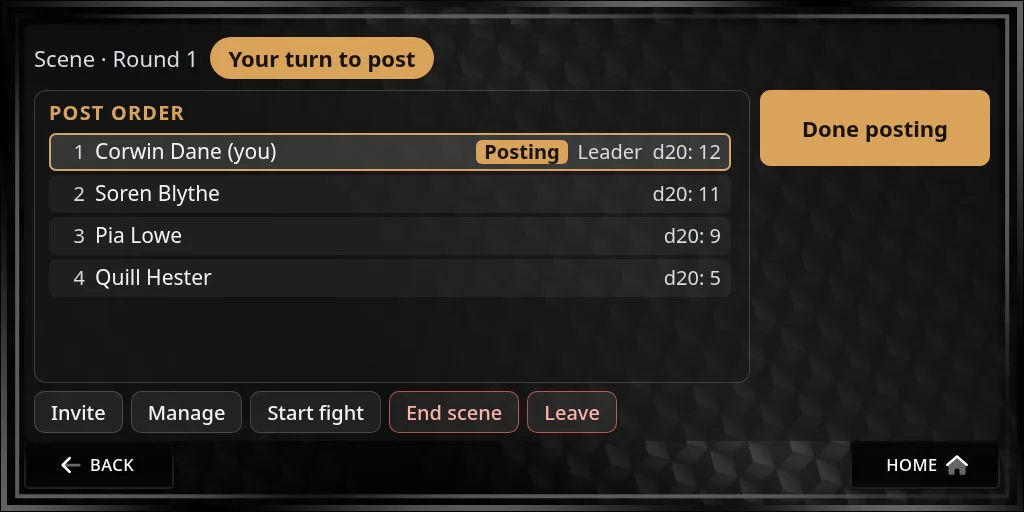Your turn: Scene · Round 1, Your turn to post, you highlighted as Posting in the order, and Done posting