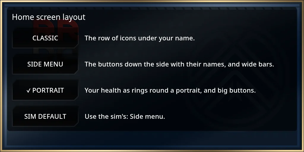The Home screen layout page with Classic, Side menu, Portrait and Sim default, and Portrait ticked