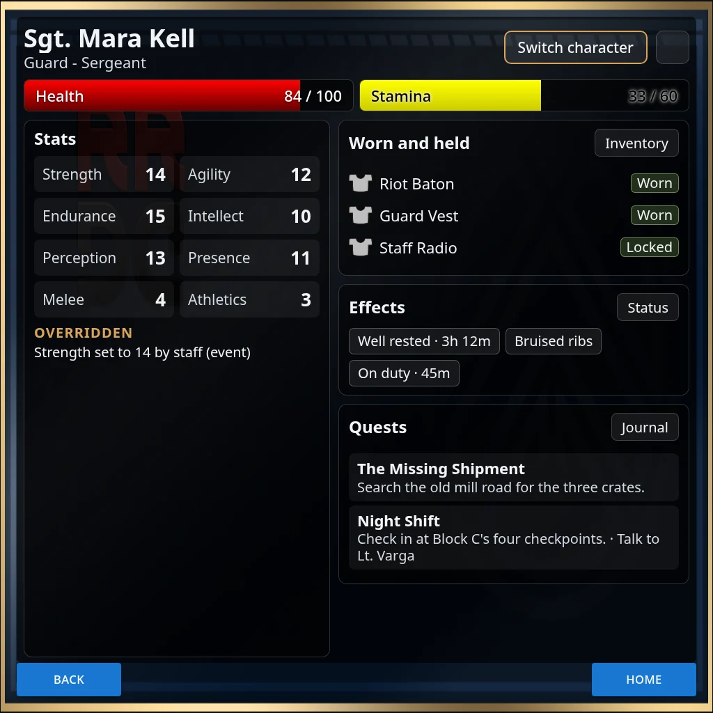 A character sheet on the HUD: bars, stats, worn gear, effects and quests