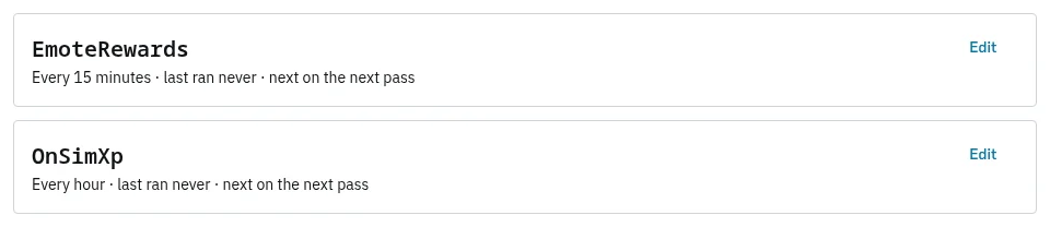 Two task cards on the Cron tab: EmoteRewards every 15 minutes and OnSimXp every hour