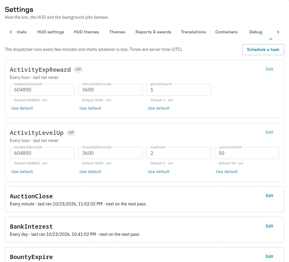 The Cron tab: Schedule a task, then ActivityExpReward and ActivityLevelUp switched off, each with its settings and Use default, and AuctionClose, BankInterest and BountyExpire with when they last ran