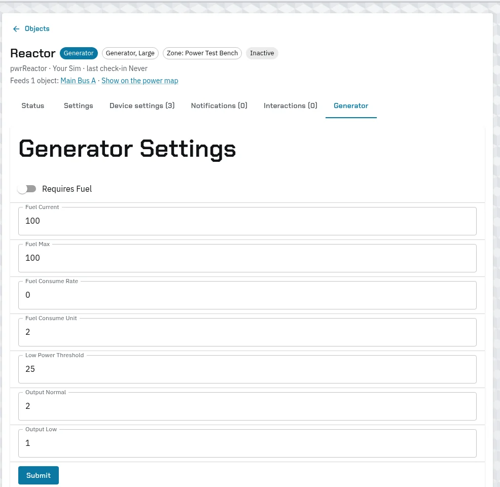 Generator Settings: Requires Fuel, Fuel Current, Fuel Max, Fuel Consume Rate, Fuel Consume Unit, Low Power Threshold, Output Normal, Output Low, and Submit