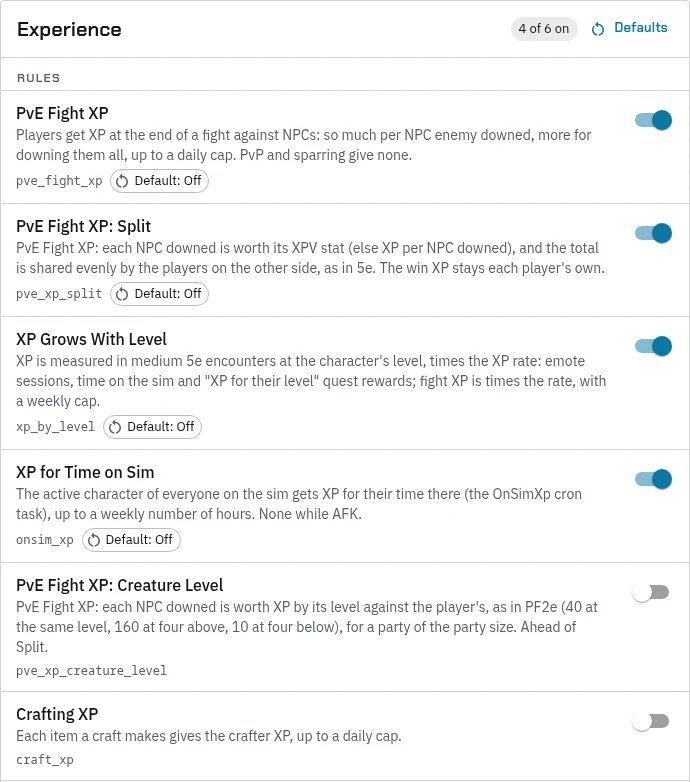 The Experience section of a game system: PvE Fight XP, PvE Fight XP: Split, XP Grows With Level and XP for Time on Sim switched on; PvE Fight XP: Creature Level and Crafting XP switched off