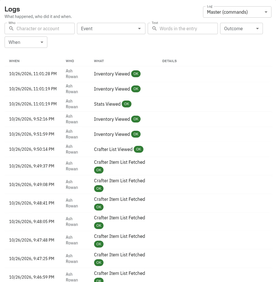 The Logs page on the Master log: filters for Who, Event, Text, Outcome and When, then entries such as Inventory Viewed, Stats Viewed and Crafter List Viewed, each marked OK, with when and who