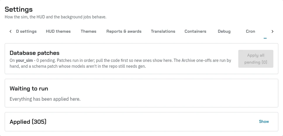 The Patches tab: Database patches with 0 pending and Apply all pending greyed out, Waiting to run saying everything has been applied, and Applied (305) with Show